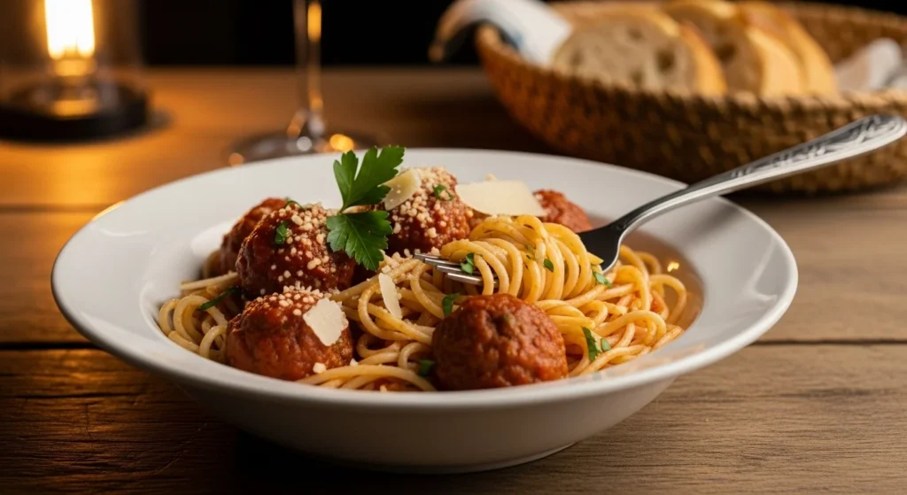 Bowl of spaghetti with meatballs, parmesan, and parsley.