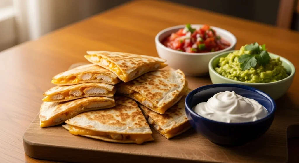 Chicken quesadillas with salsa, guacamole, and sour cream on a wooden board.