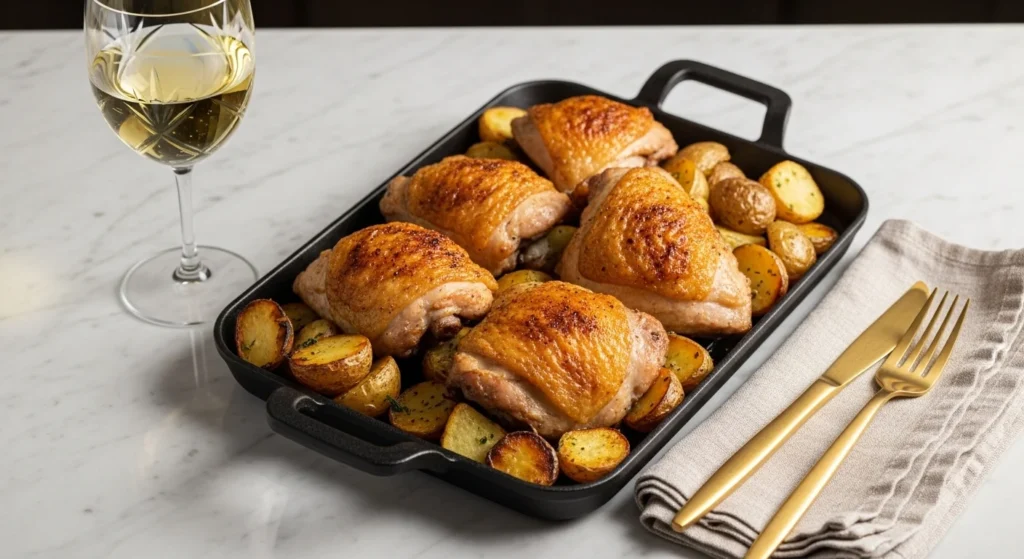 Luxury-style roasted chicken with vegetables on a cast-iron tray with elegant table setting.