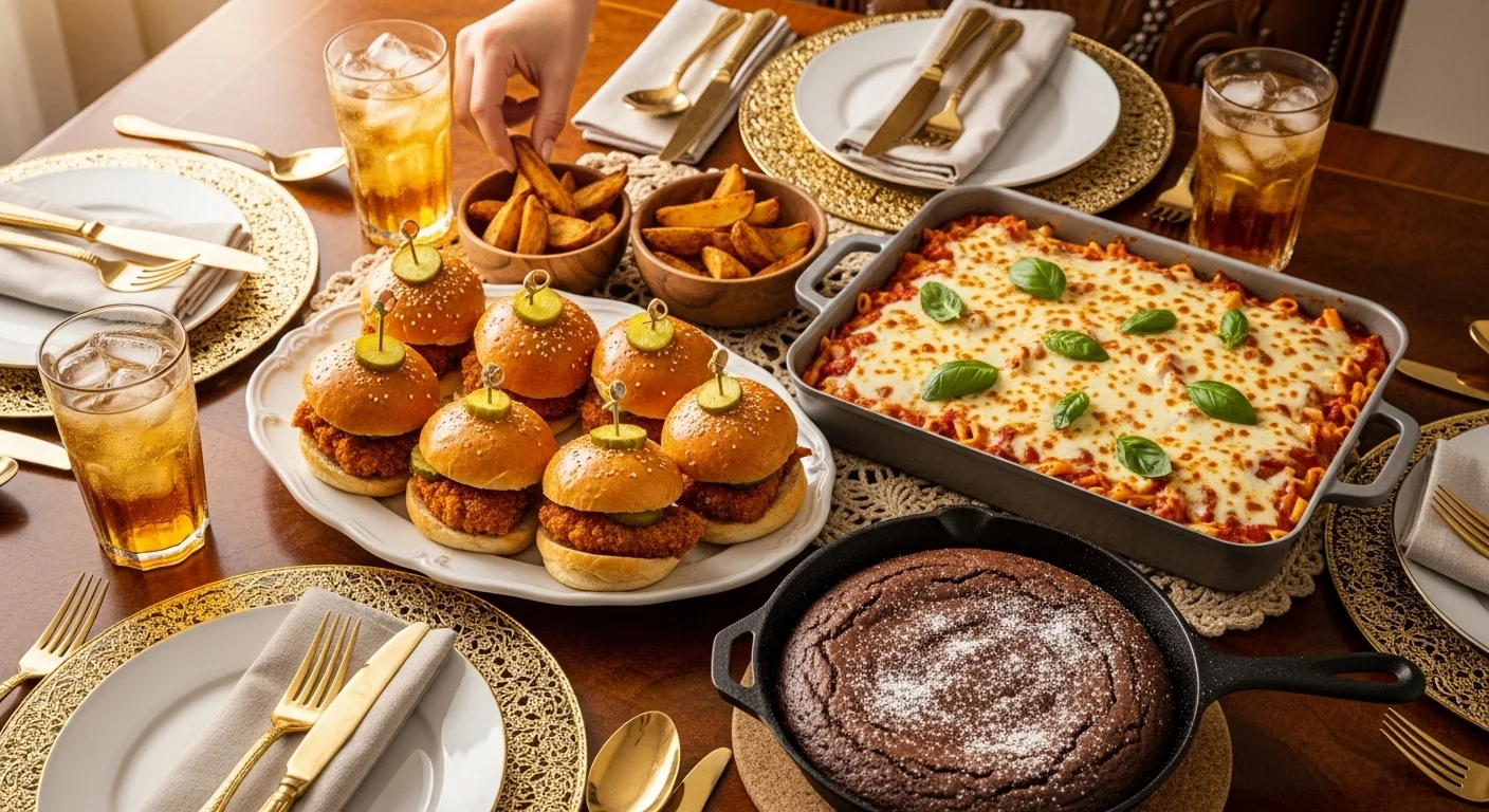 “Air fryer including chicken sliders ,pizzas,pasta on a luxury table.”