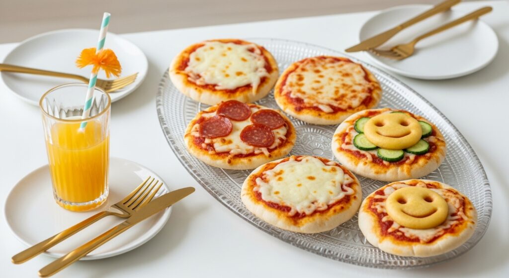 Kid-friendly snack board with mini pizzas, tenders, fruit, and veggies served with golden cutlery on a light wood table.