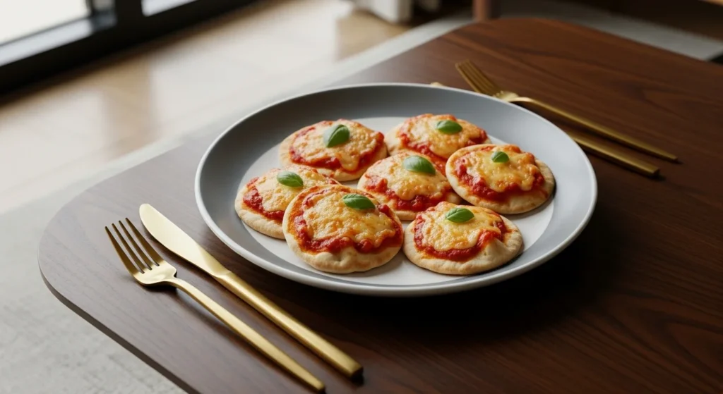 “Mini pita pizzas served on smoked-glass plate with golden cutlery on a sleek modern table.”