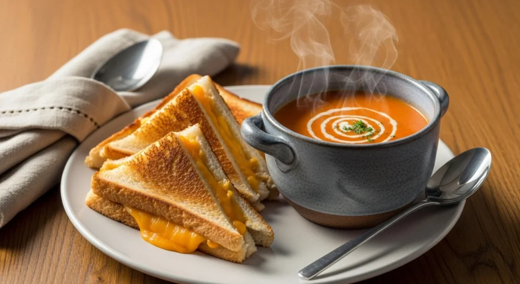 “Grilled cheese with tomato soup served on slate board and glass bowl with golden cutlery on a modern table.”