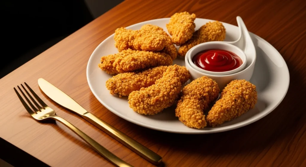 “Golden air fryer chicken tenders on matte black stone plate with golden cutlery on modern dining table.”