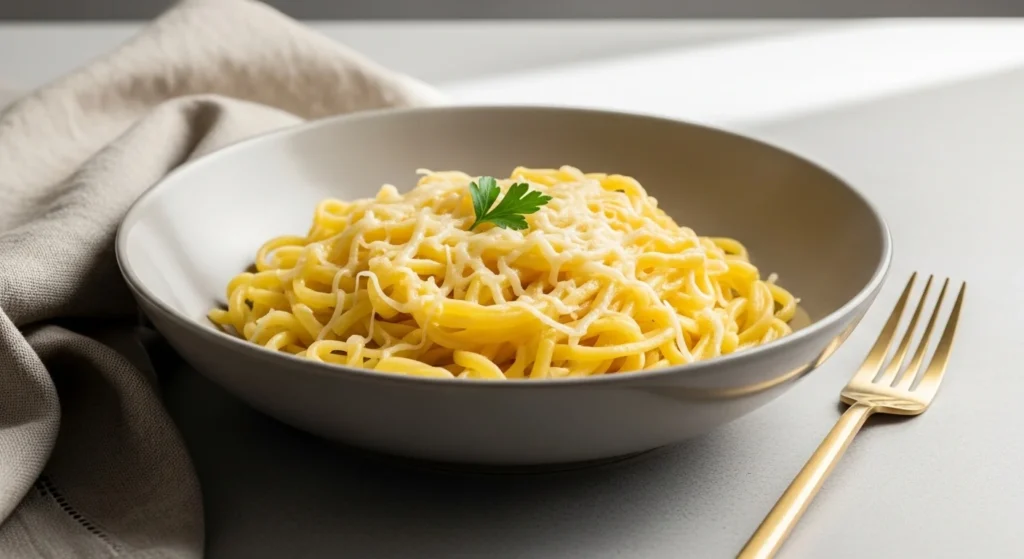 “Buttered pasta with Parmesan in matte-metal bowl with golden cutlery on modern dining table.”