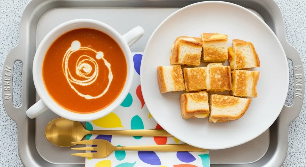 Tomato soup with grilled cheese bites served on a polished tray with golden cutlery and a playful napkin for kids.