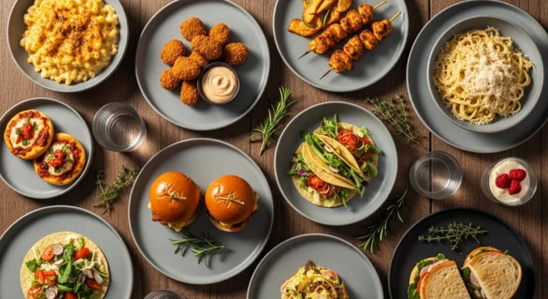 “Luxury kitchen scene with ten quick kid meals plated on ceramic dishes, styled with natural light and realistic textures.”