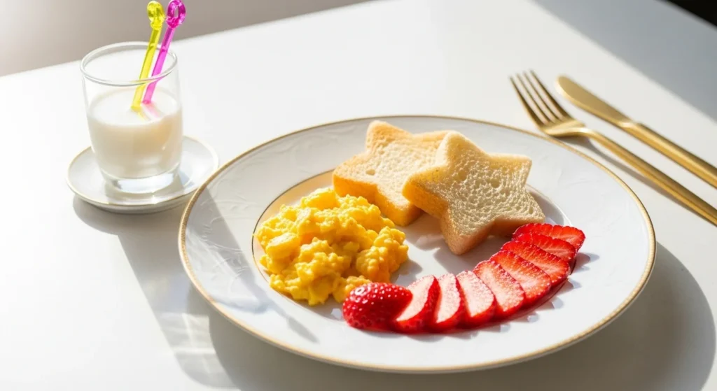 : Kids’ breakfast-for-dinner plate with scrambled eggs, toast stars, strawberries, and golden cutlery styled on a modern table.