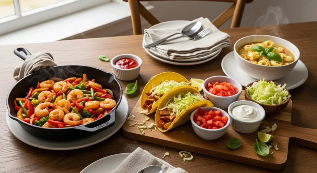 Rustic kitchen table with shrimp stir-fry, chicken tacos, and tortellini soup arranged with natural light and simple tableware, representing 30-minute weeknight dinners.