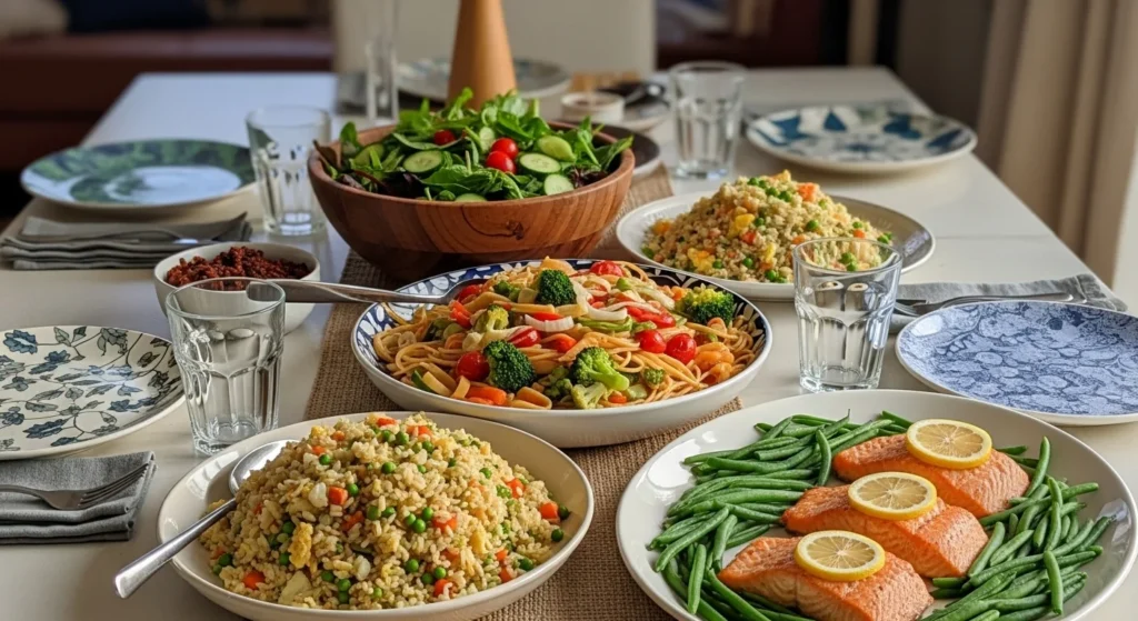 Family-style dinner spread with pasta primavera, salmon and green beans, and veggie fried rice on a warmly lit table, styled to look natural and inviting.