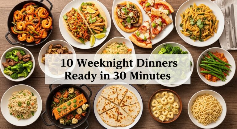 Hero image of ten quick weeknight dinners including stir-fry, tacos, pasta, flatbread pizza, salmon, soup, quesadillas, and noodles, labeled “10 Weeknight Dinners Ready in 30 Minutes.”