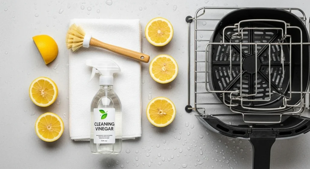 Air fryer cleaning tools and parts drying on kitchen counter with vinegar and lemon