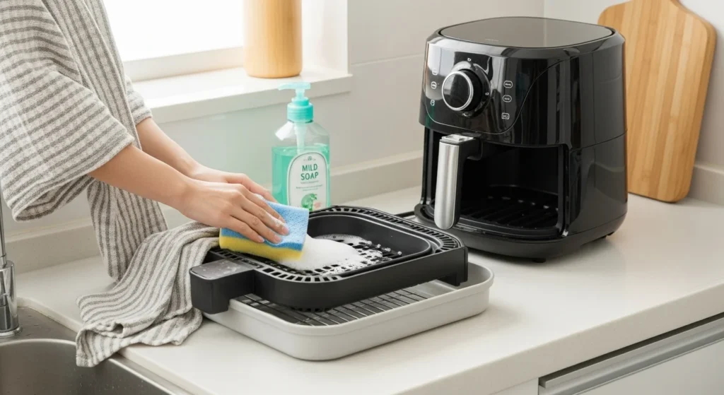 Cleaning an air fryer basket with soap and water on a kitchen counter