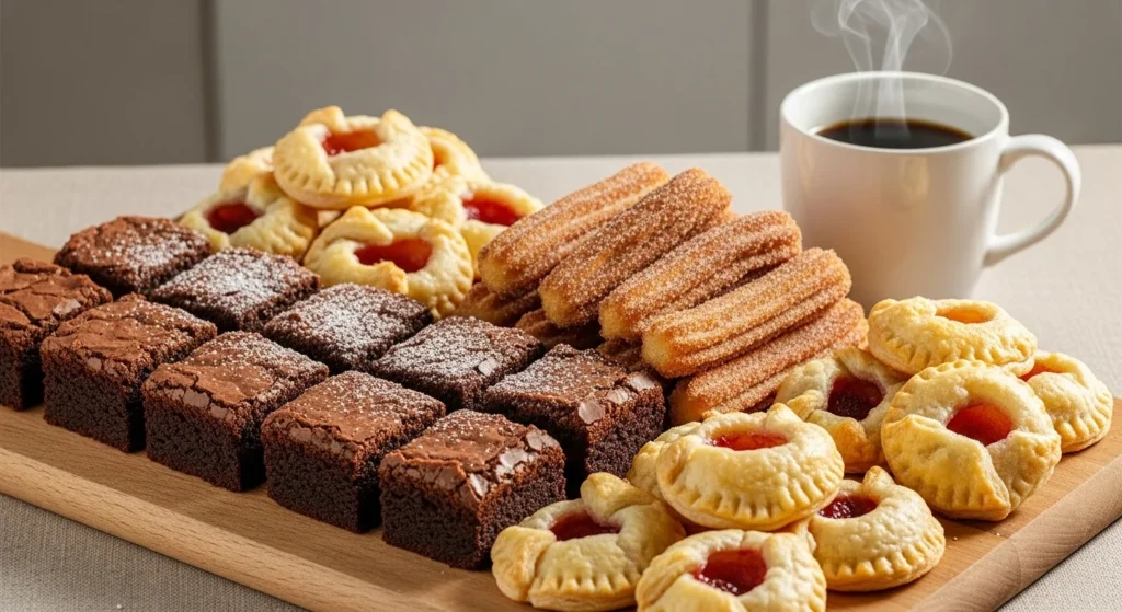 Wooden board with air fryer brownies, churros, and fruit turnovers beside a mug of coffee in natural light.