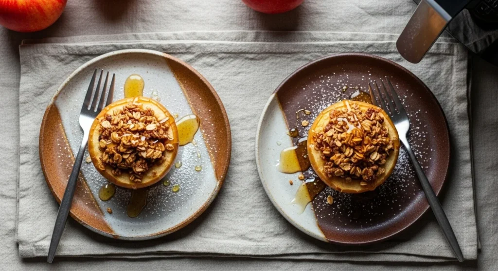 Overhead view of baked apples stuffed with oats and cinnamon, served on plates with honey drizzle and forks.