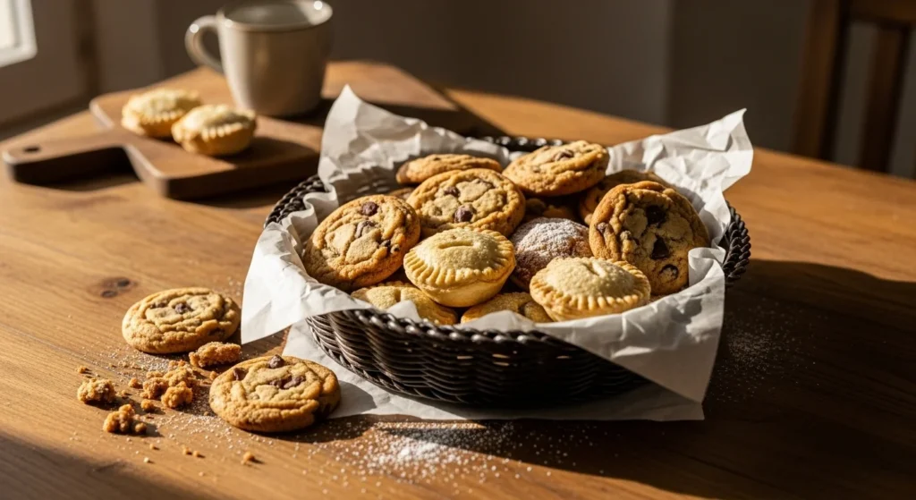 Air fryer basket filled with golden cookies and mini hand pies on a rustic wooden counter in natural light.