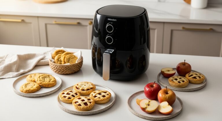 Air fryer on a kitchen counter with golden cookies, mini hand pies, and baked apples on rustic plates, photographed in bright natural light.