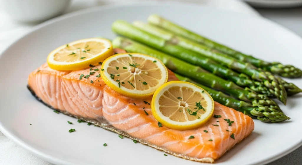 Air fryer lemon salmon fillet with golden edges, served with bright green asparagus and garnished with lemon slices and fresh herbs on a white plate.