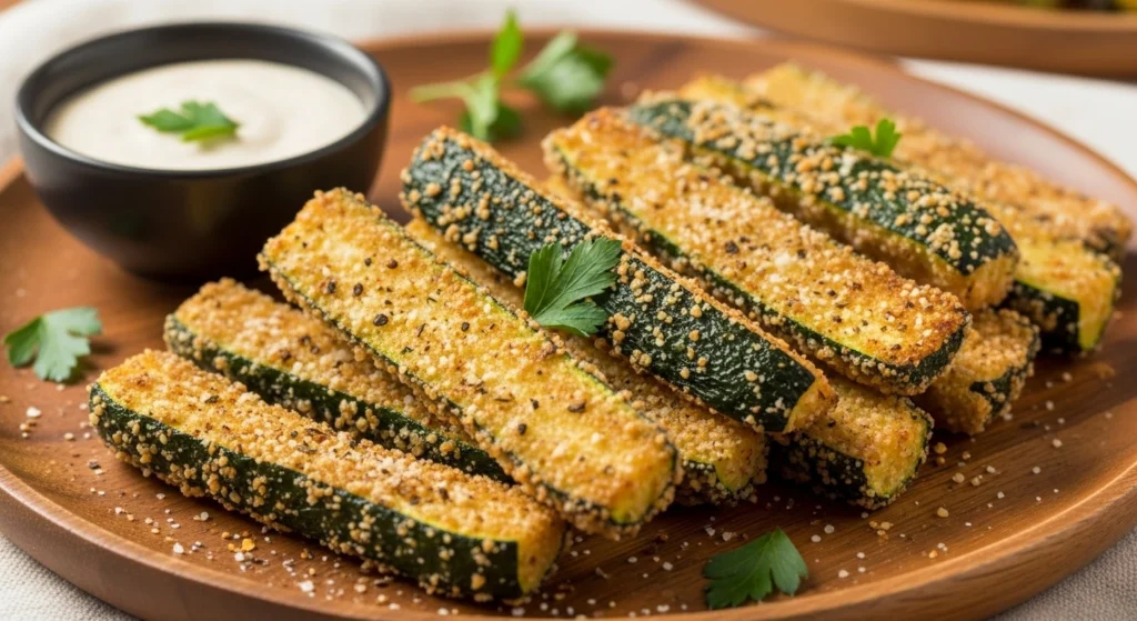 Crispy golden-brown air fryer zucchini fries sprinkled with Parmesan and spices, served on a rustic wooden plate with a small bowl of creamy dipping sauce and garnished with fresh parsley.