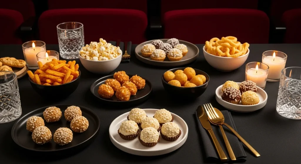 “Luxury-style snack board with air fryer wedges, nuggets, pretzels, mozzarella sticks, and apple chips styled with golden cutlery.”