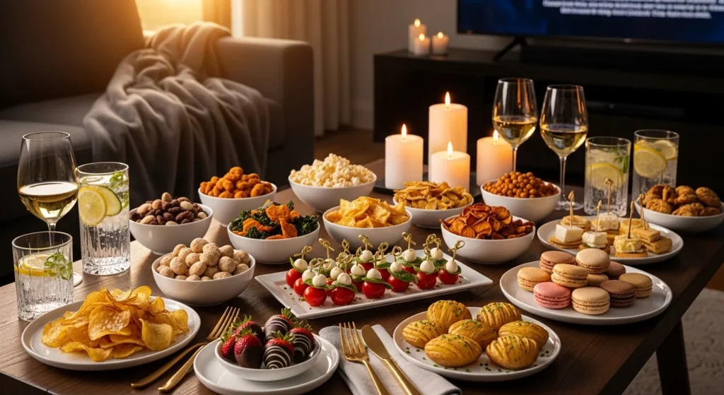 “Luxury movie night table with a mix of air fryer popcorn alternatives, potato snacks, finger foods, and sweet treats styled with golden cutlery and crystal glasses.”