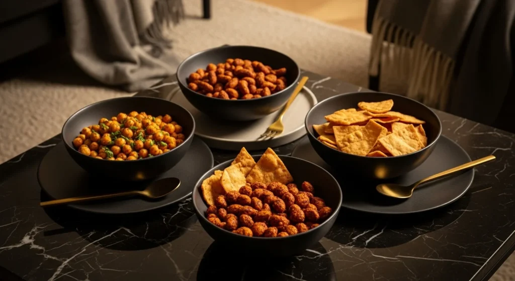 “Luxury display of air fryer sweet treats like cinnamon chips, apple chips, and s’mores on elegant plates with golden cutlery.”