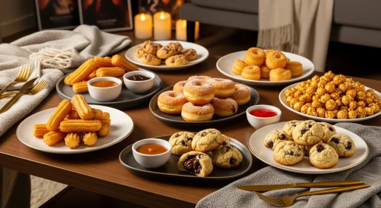A cozy movie night spread with crispy air fryer treats including mini churros, mozzarella sticks, pretzel bites, and popcorn, served on modern elegant plates with warm lighting, blankets, and dipping sauces, creating a family-friendly and inviting scene.