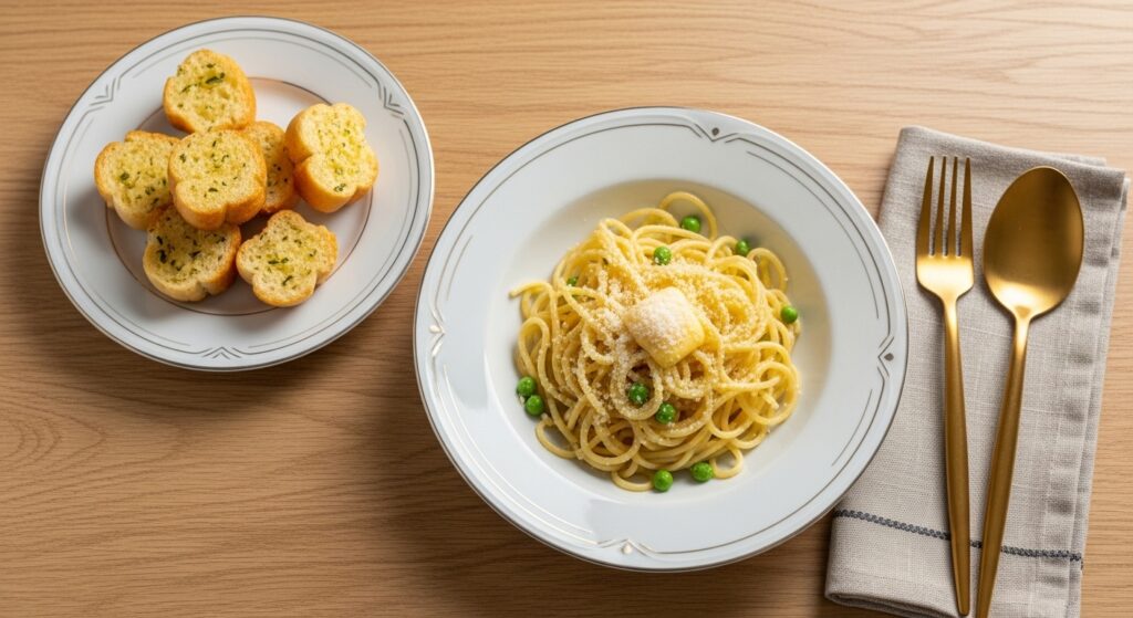 Kids’ dinner platter with chicken tenders, apple slices, and carrots served on a polished tray with golden cutlery on a light wood table.