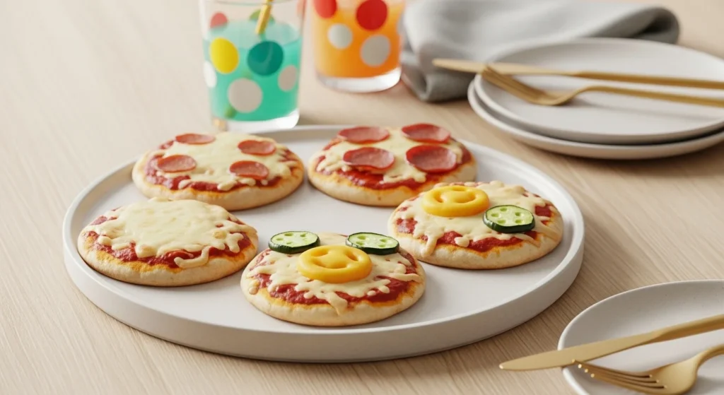 : Mini pita pizzas with kid-friendly toppings on a glass platter with golden cutlery and juice glass on a light wood table.
