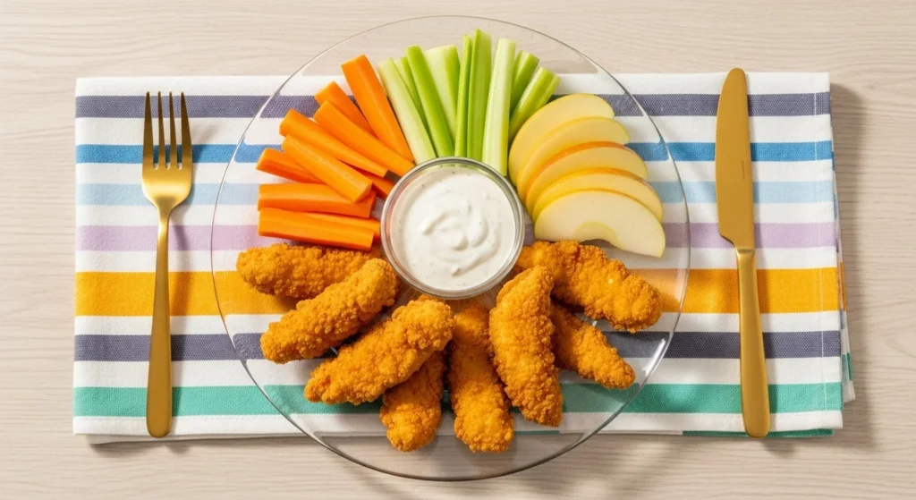 Kids’ dinner platter with chicken tenders, apple slices, and carrots served on a polished tray with golden cutlery on a light wood table.