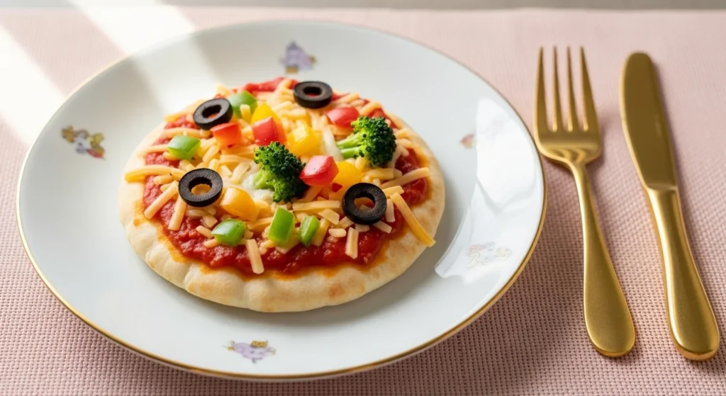 Mini pita pizzas on luxury child-sized plates with golden cutlery, realistic and playful “Kid Zone” presentation.