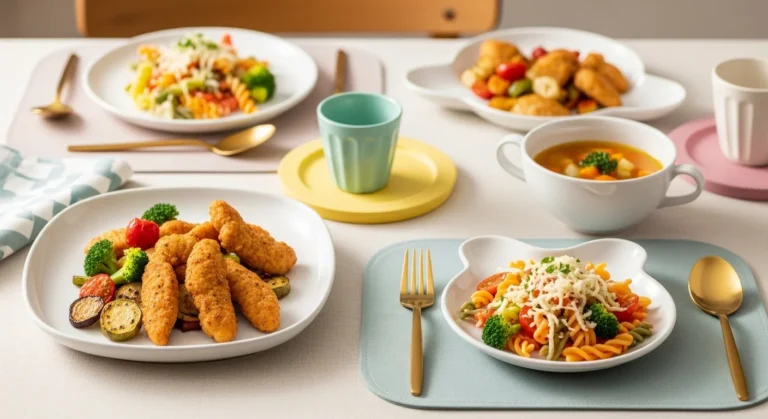 Kid-friendly meals including chicken tenders, colorful pasta, and vegetable soup on luxury child-sized plates with golden cutlery in a playful “Kid Zone” setting, realistic and aesthetic.