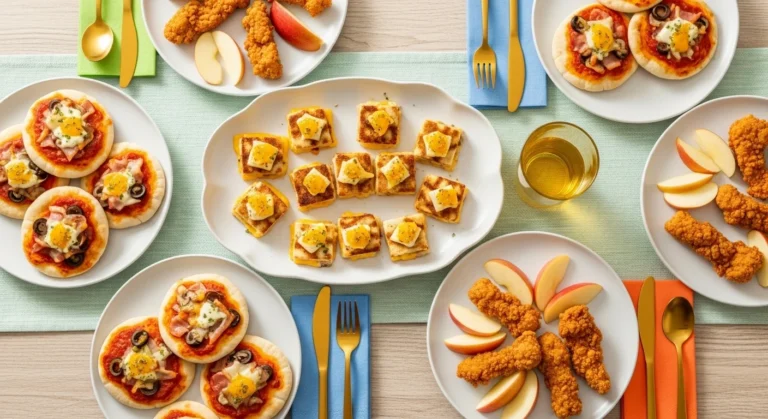 Overhead view of a kids’ dinner table with mini pita pizzas, grilled cheese bites, and chicken tenders served on polished plates with golden cutlery.