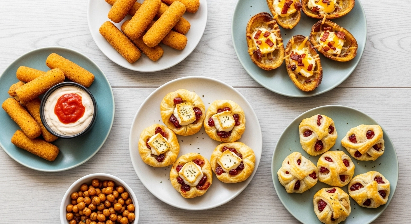 Assorted easy snacks and appetizers including mozzarella sticks, potato skins, puff pastry bites, and chickpeas, styled for casual entertaining.