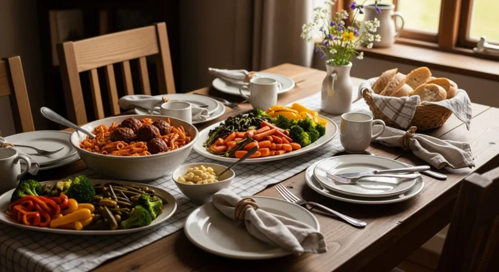 Family dinner table with pasta, roasted vegetables, and bread in warm natural light.
