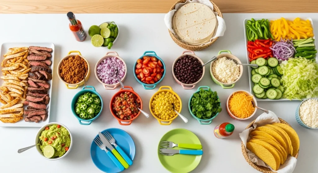 Overhead view of taco night setup with chicken, veggies, cheese, and tortillas.