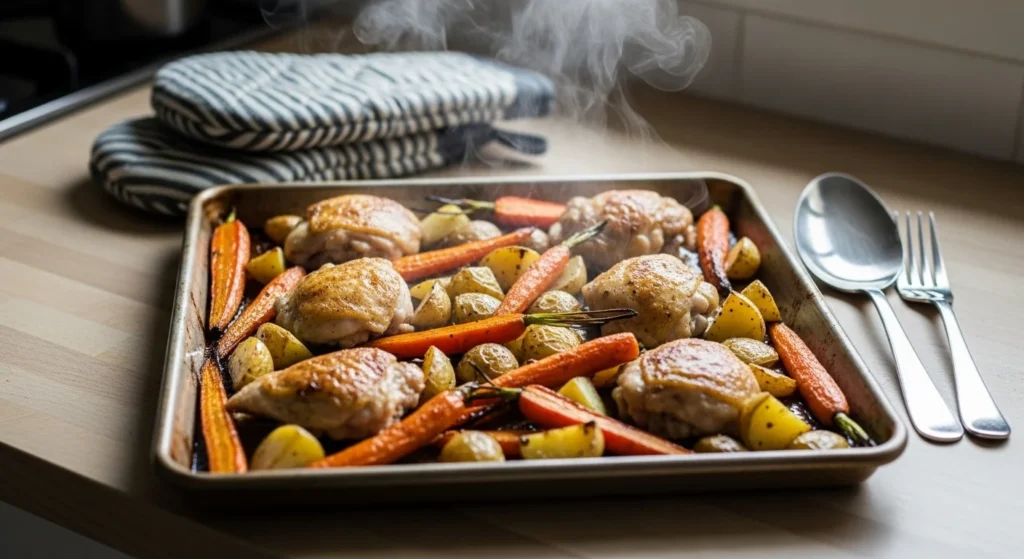 Sheet pan with roasted chicken, carrots, and potatoes on a kitchen counter.