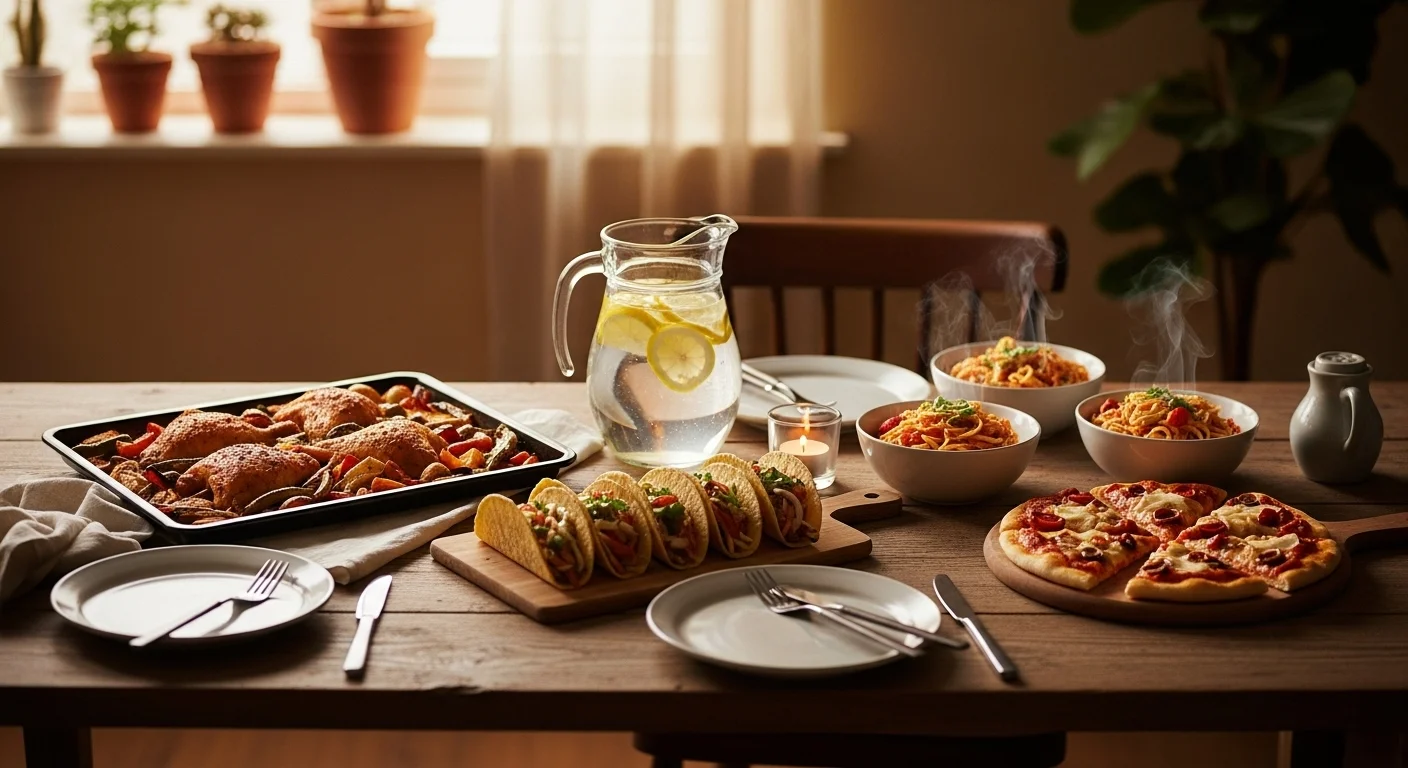 “Family dinner table with kid-friendly meals including tacos, pasta, and sheet pan chicken.”