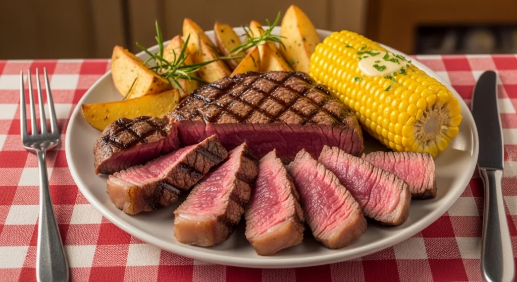 A Steak with a corn and boiled patatoes