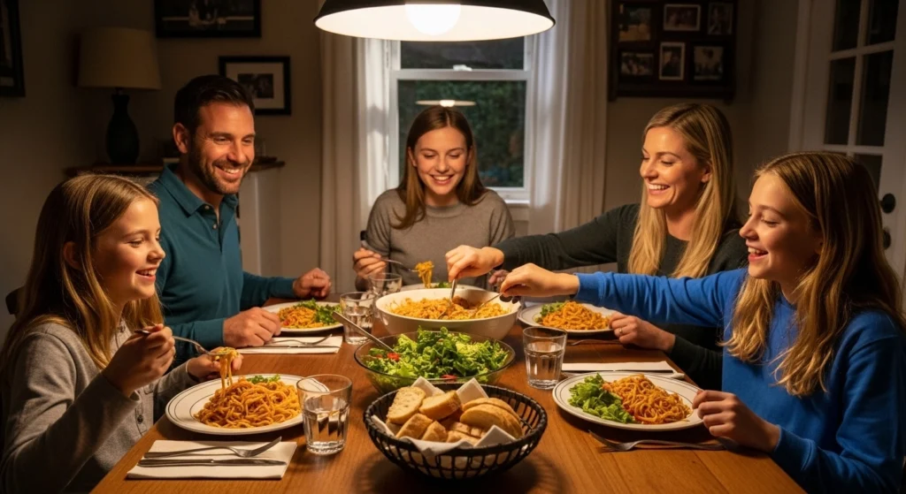 A Family of five having a dinner on a wooden table.