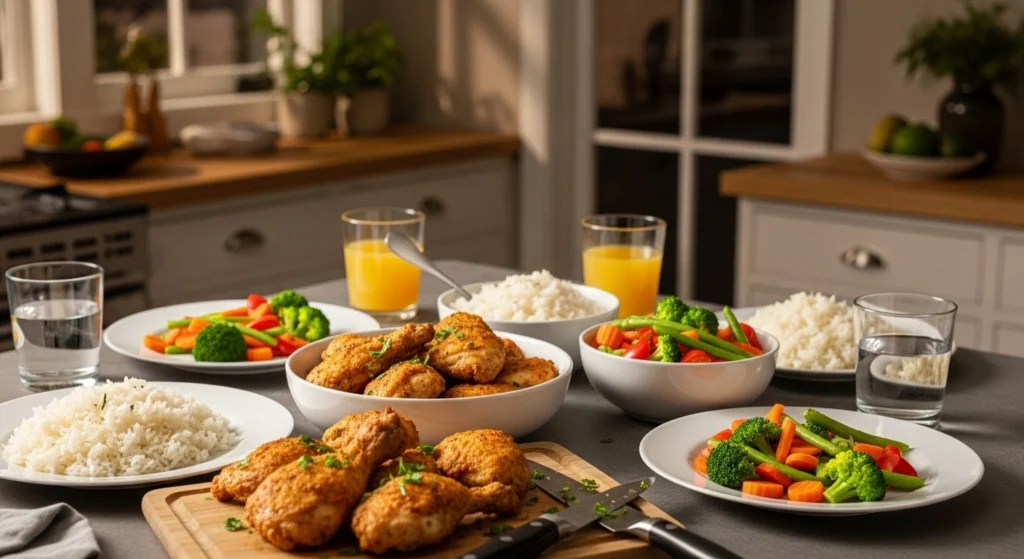 "Cozy family dinner table with roasted chicken, fresh salad, and bread rolls on a rustic wooden table. Warm natural light makes the setting inviting and homestyle."
