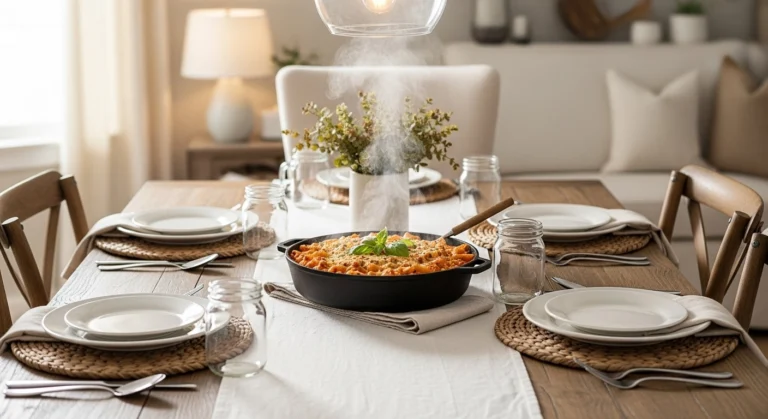 "Modern farmhouse family dinner with baked pasta, white plates, and mason jar glasses on a wooden table. Clean, airy aesthetic with a warm, welcoming vibe."