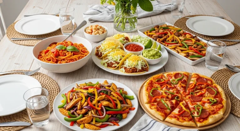 Alt text Family-friendly quick dinner spread with pasta, tacos, stir-fry, and flatbread pizza on a kitchen table, labeled “Dinner in 30 Minutes or Less.”