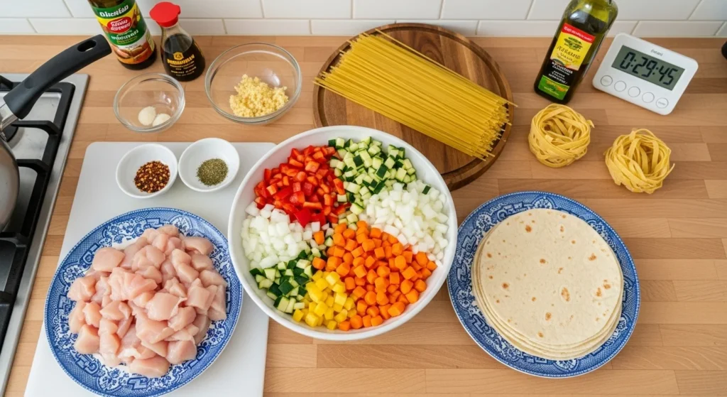 Overhead view of fresh vegetables, pasta, tortillas, and chicken prepared for fast family dinner in 30 minutes.