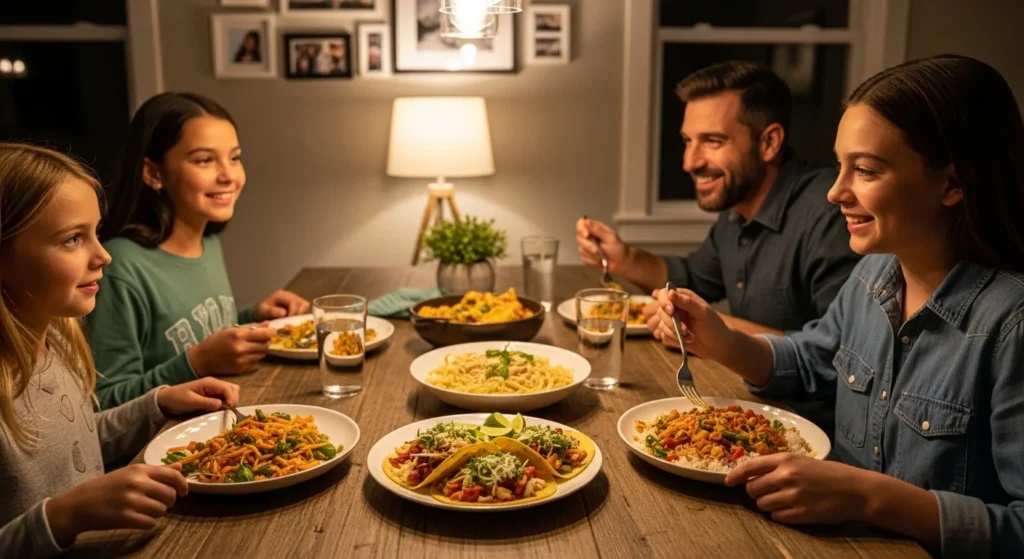 Family eating tacos, pasta, and stir-fry around the dinner table, highlighting easy meals made in 30 minutes or less.