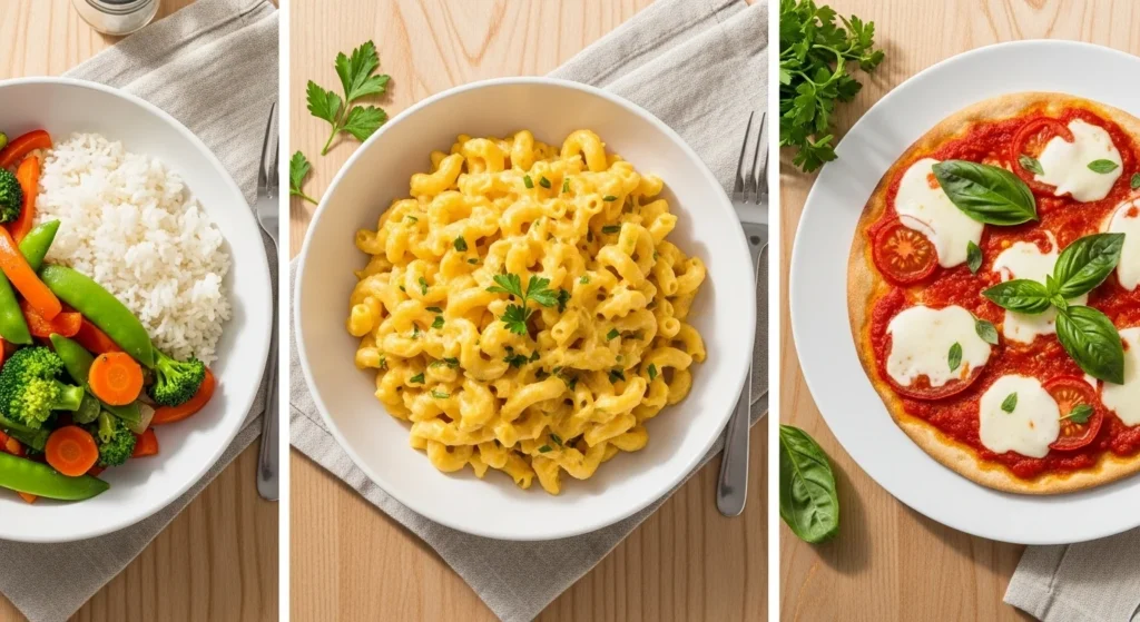 Plates of stir-fry, pasta, and flatbread pizza shown as fast family dinner options ready in under 30 minutes.