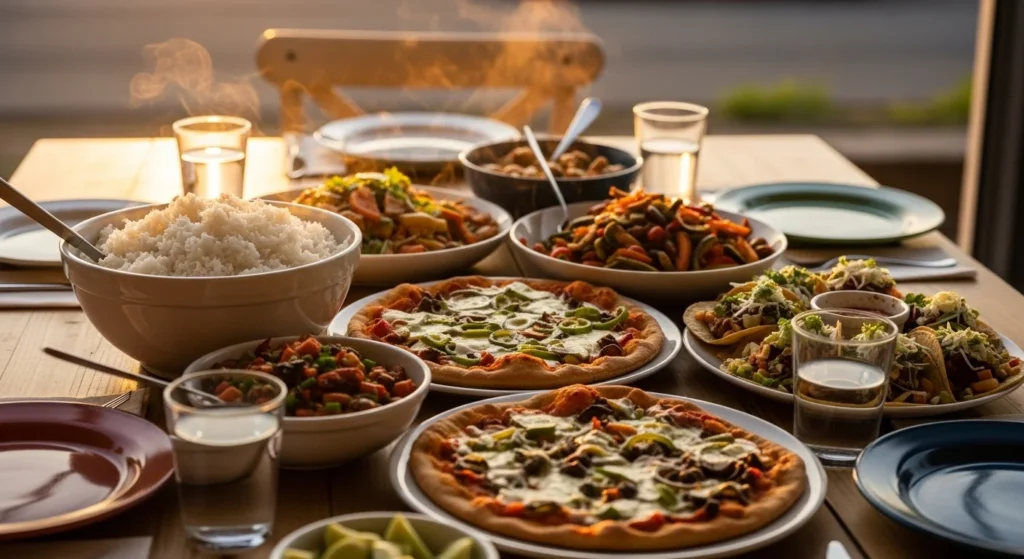 Family dinner table at sunset with flatbread pizza, tacos, stir-fry, and rice bowls, photographed in warm golden light for a realistic home-cooked feel.