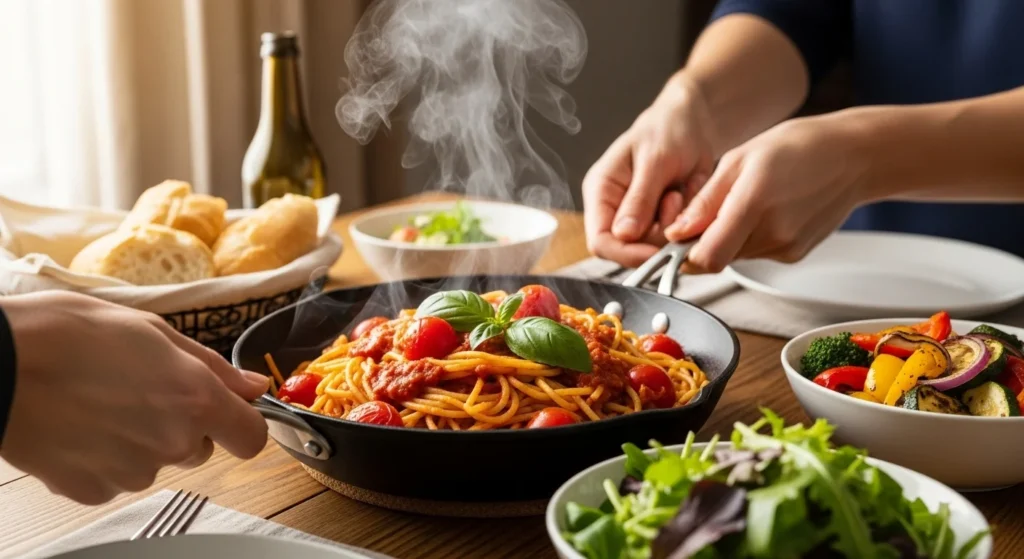 Hands passing a skillet of steaming pasta with side dishes of vegetables and salad, showing the realistic, approachable feel of fast family dinners.