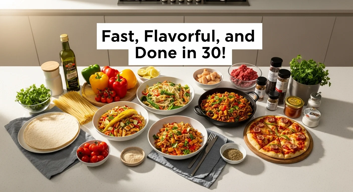 Hero image of pasta, tacos, stir-fry, and flatbread pizza on a kitchen table with text overlay “Fast, Flavorful, and Done in 30!”