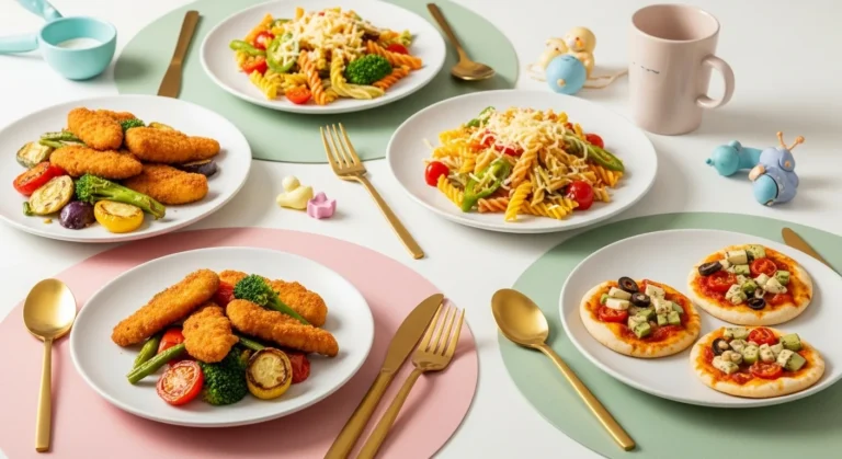 Luxury “Kid Zone” dining setup with chicken tenders, colorful pasta, and mini pita pizzas on child-sized plates with golden cutlery, realistic and playful.